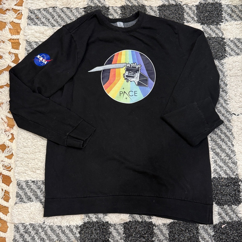 Gildan Black Crewneck Sweatshirt with Rainbow PACE Satellite Graphic